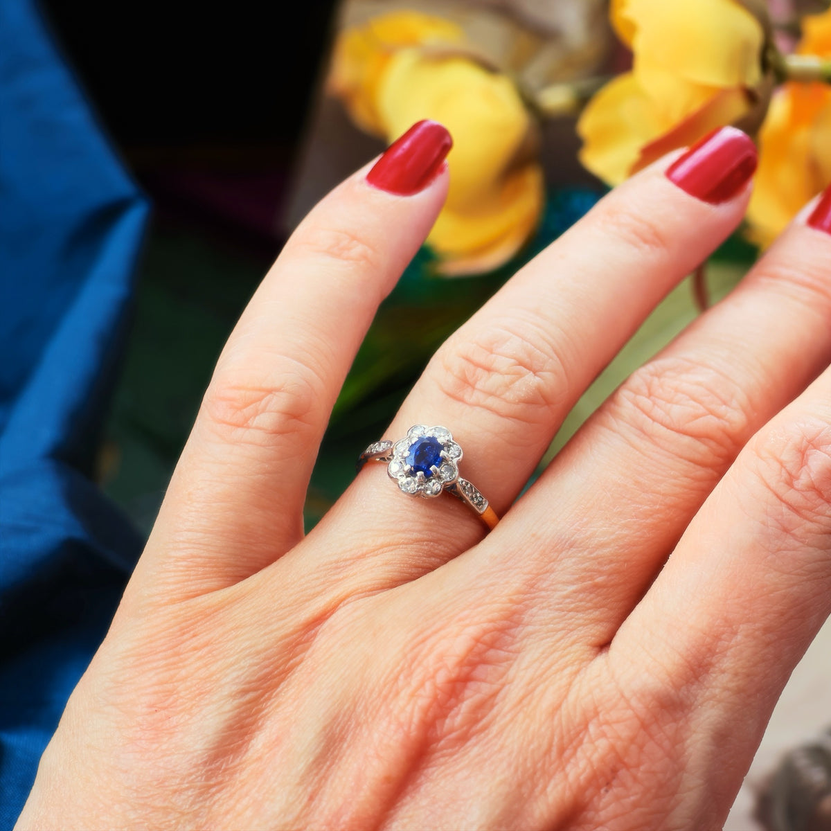 Vintage Flowerette Sapphire & Diamond Cluster Engagement Ring