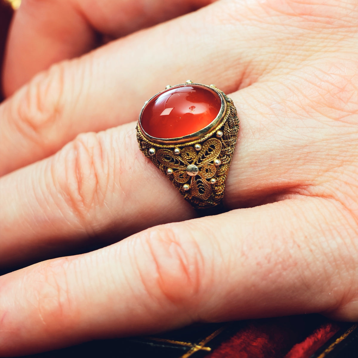 Fine Chinese Export Carnelian Filigree Ring