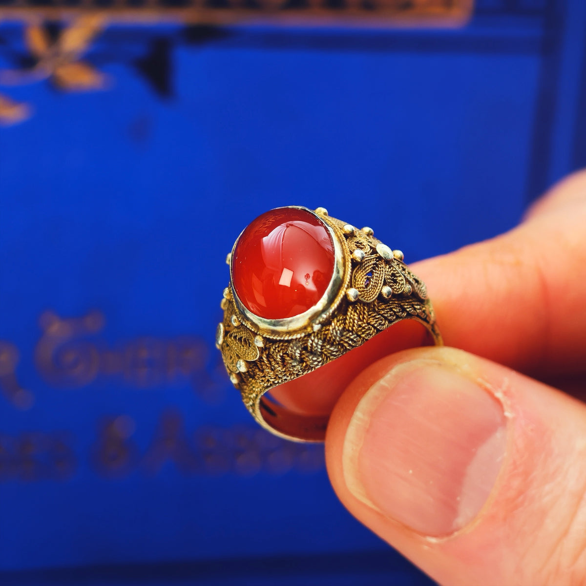 Fine Chinese Export Carnelian Filigree Ring