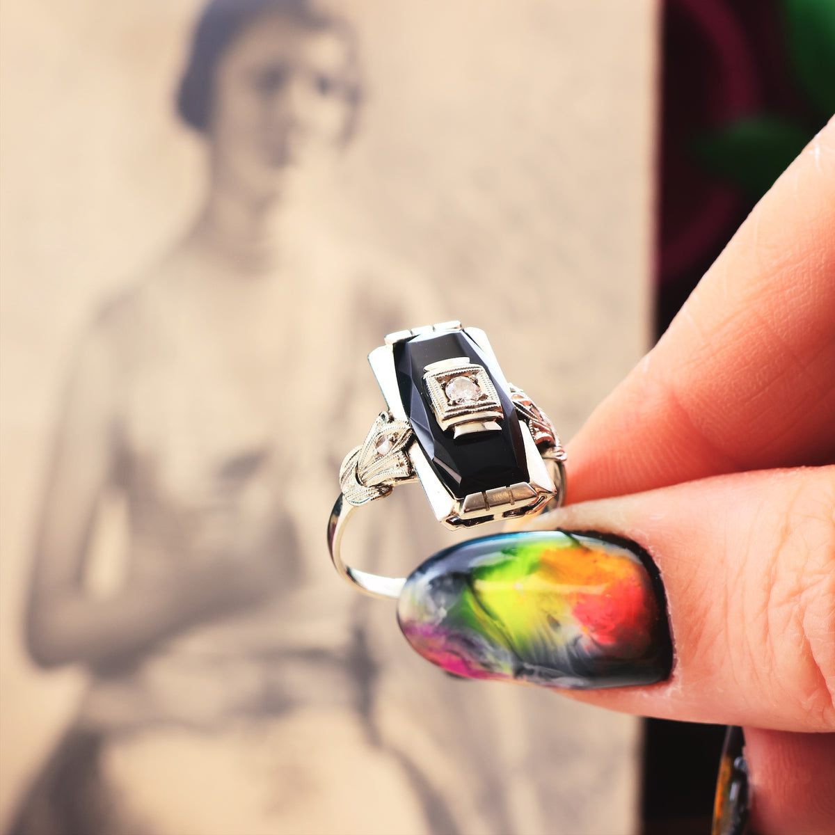 Vintage Art Deco Onyx & Diamond Cocktail Ring