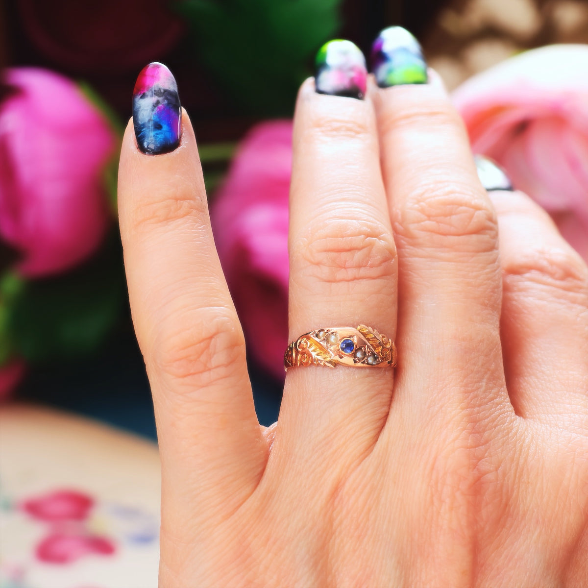 Date 1900 Sapphire & Seed Pearl Gypsy Ring