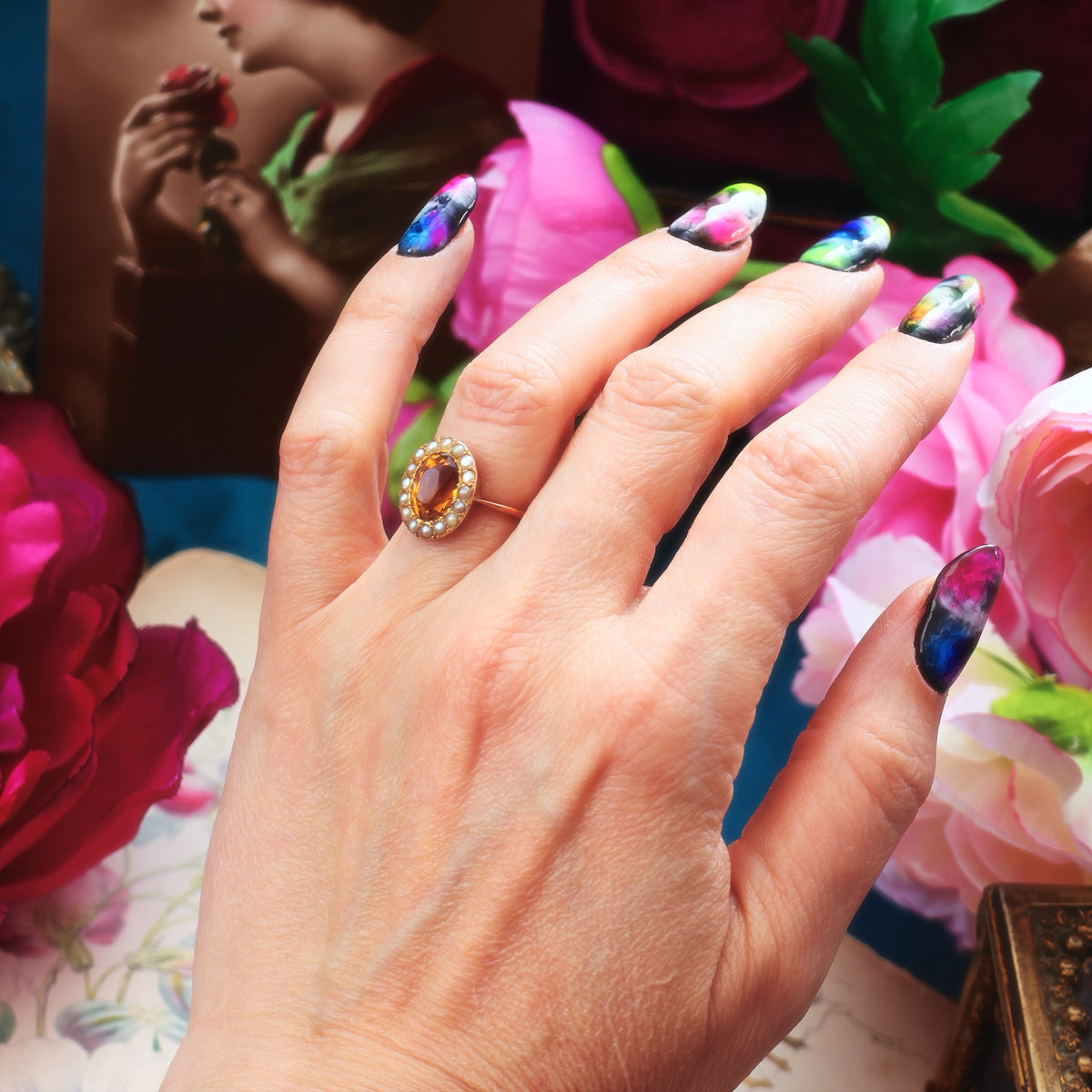 Dreamy Antique Citrine & Wild Pearl Cluster Ring
