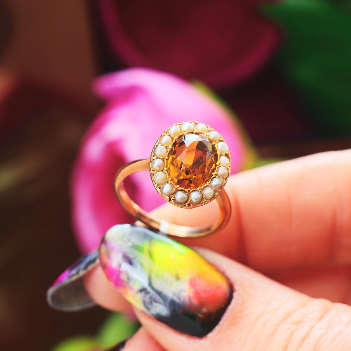 Dreamy Antique Citrine & Wild Pearl Cluster Ring