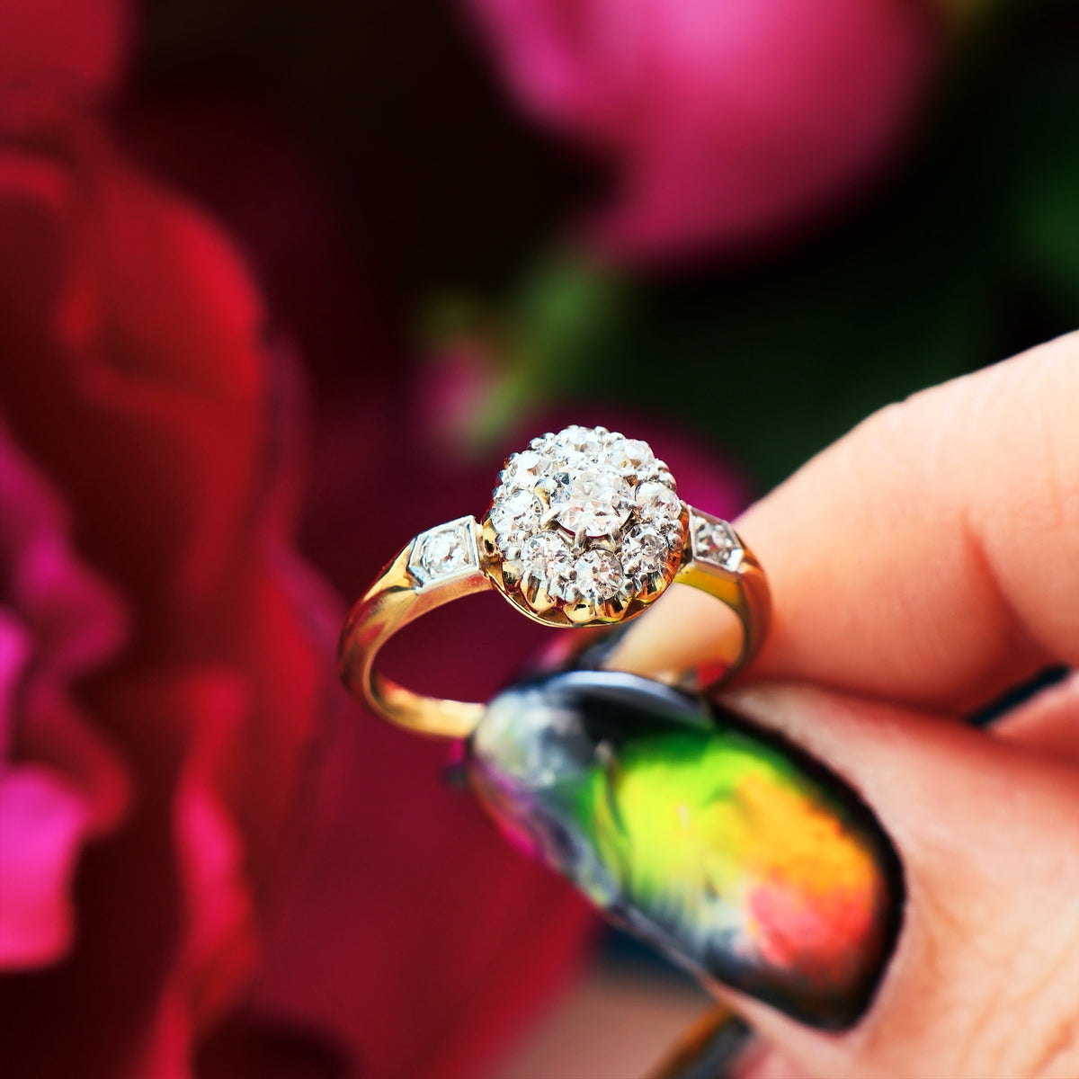 Antique Hand Cut Diamond Blossom Engagement Ring