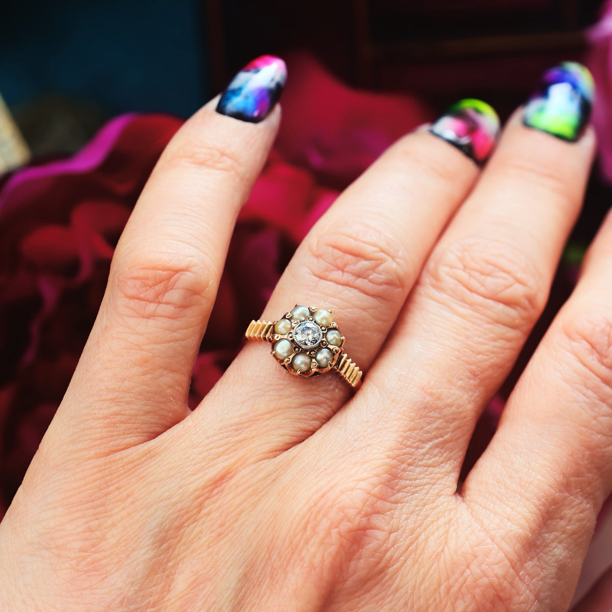 Fine Pretty! Vintage Pearl & Diamond Flowerette Ring