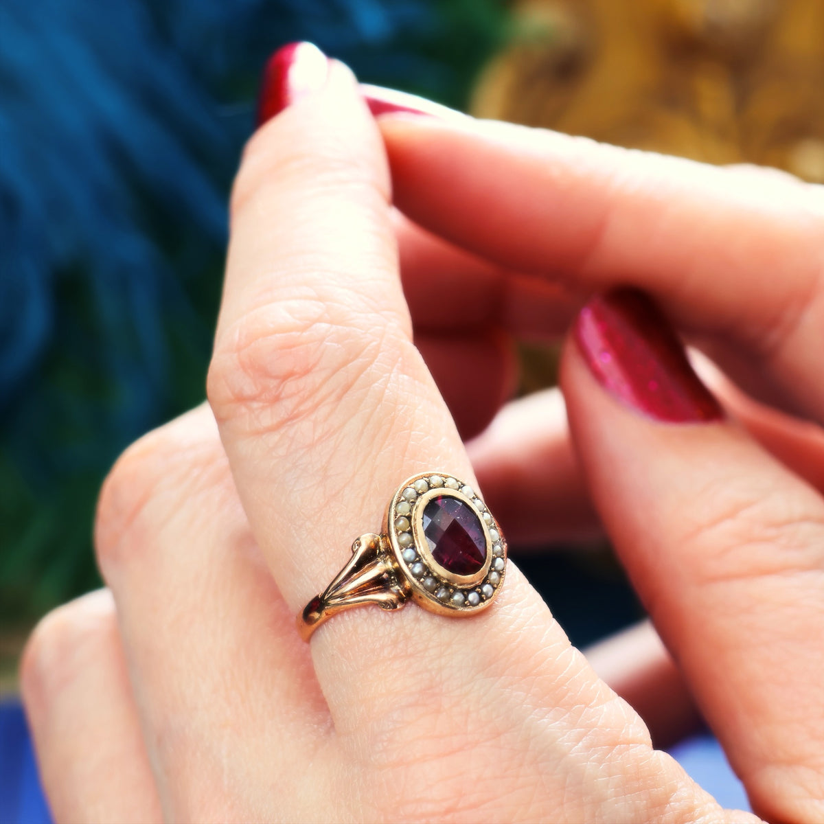 Antique Edwardian Garnet & Pearl Cluster Ring