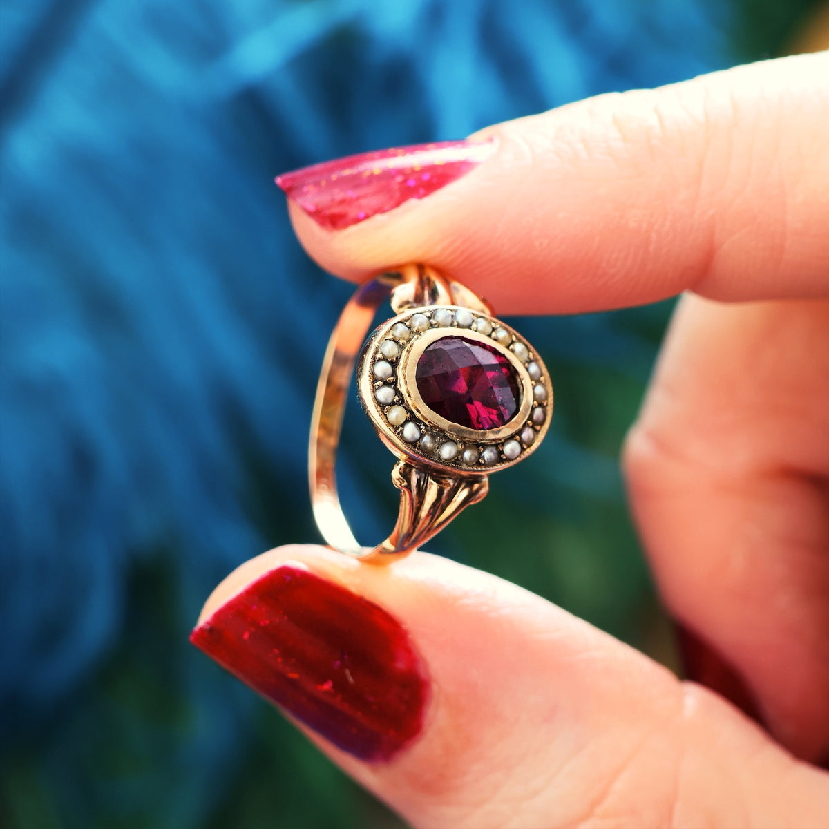 Antique Edwardian Garnet & Pearl Cluster Ring
