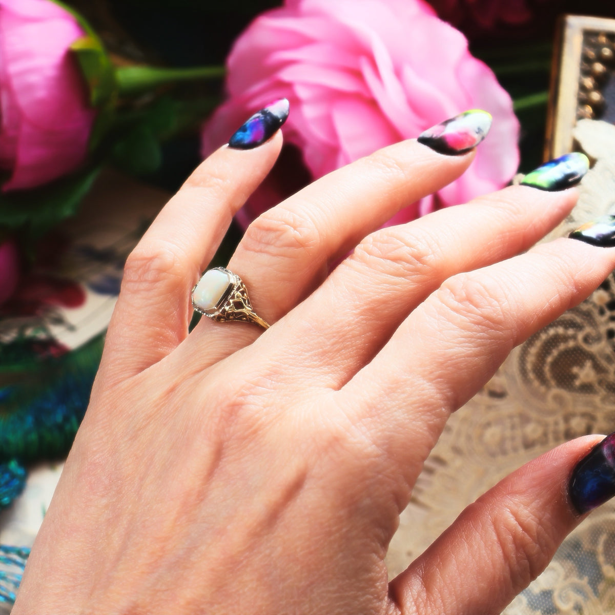 A Dramatic Vintage Filigree Opal Dress Ring