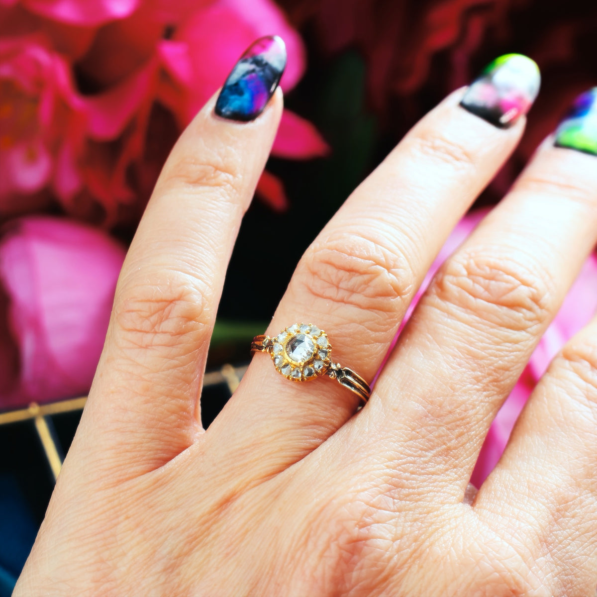 Vintage Recycled Rose Cut Diamond Rosette Engagement Ring