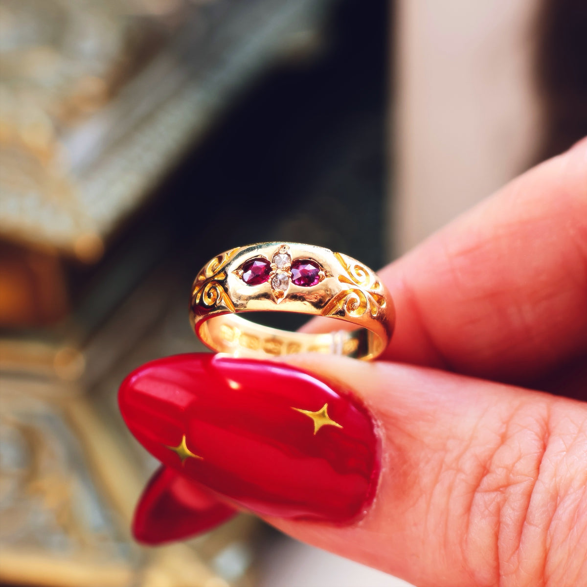 Antique Date 1899 Gypsy Ruby & Diamond Ring