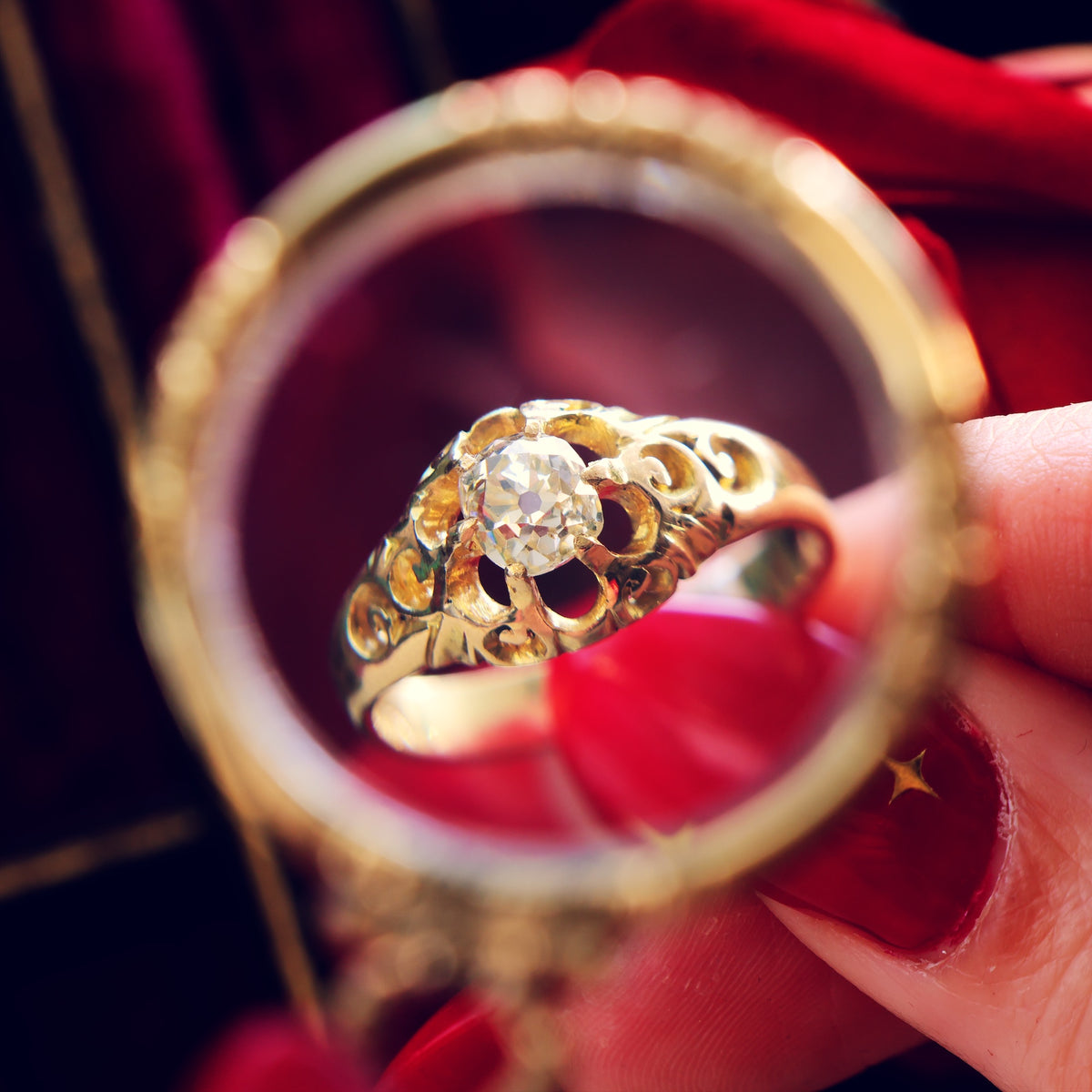 Antique Gothic Revivalist Diamond Solitaire Engagement Ring
