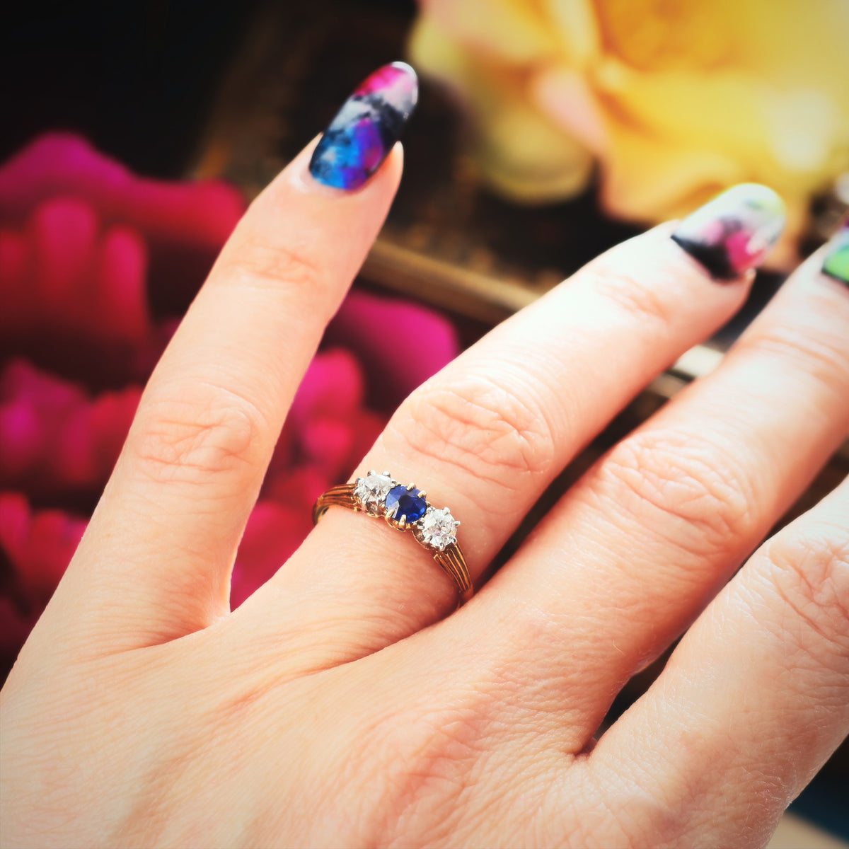 Pristine Antique Trilogy Sapphire & Diamond Engagement Ring