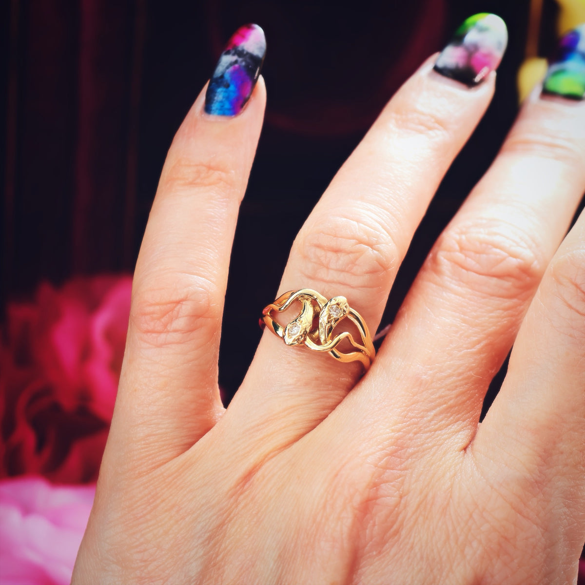 Beauteous 18ct Gold Diamond Double Snake Ring