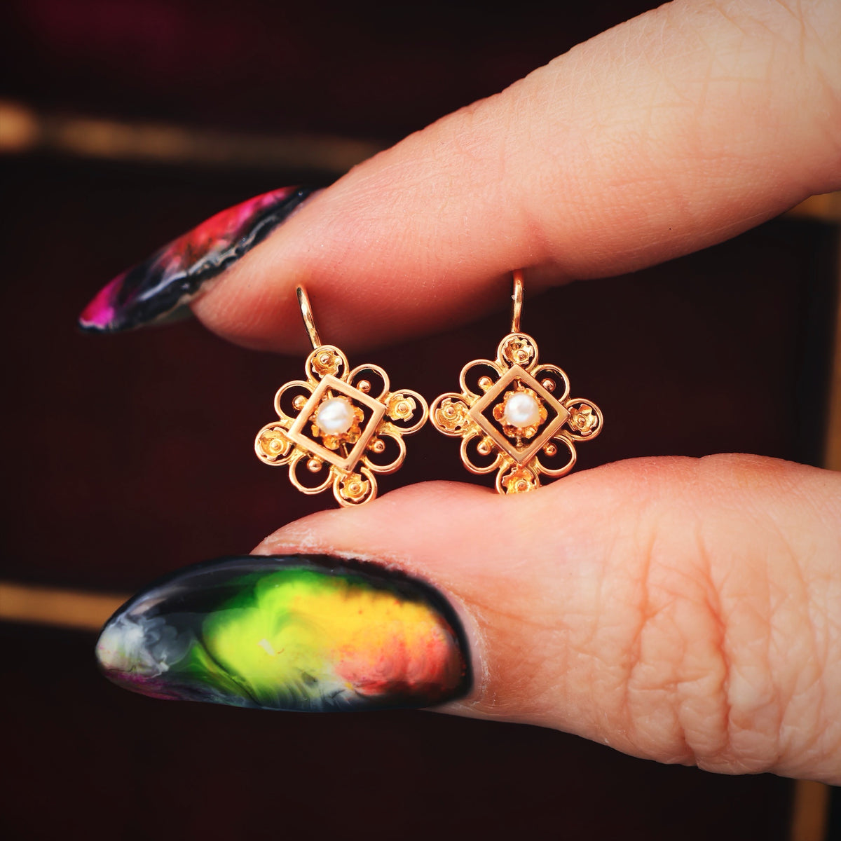 Antique Continental 18ct Gold Seed Pearl Earrings