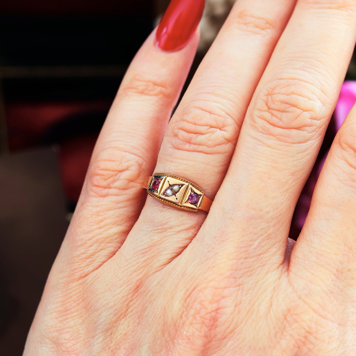 Antique Date 1878 Spinel & Pearl Dress Ring