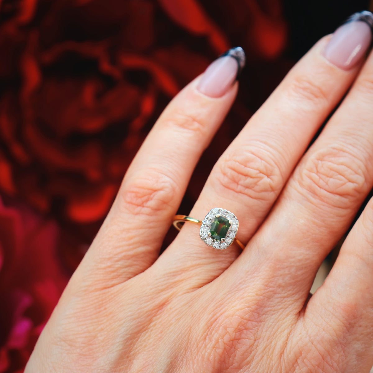 Vintage Date 1988 Green Sapphire & Diamond Engagement Ring