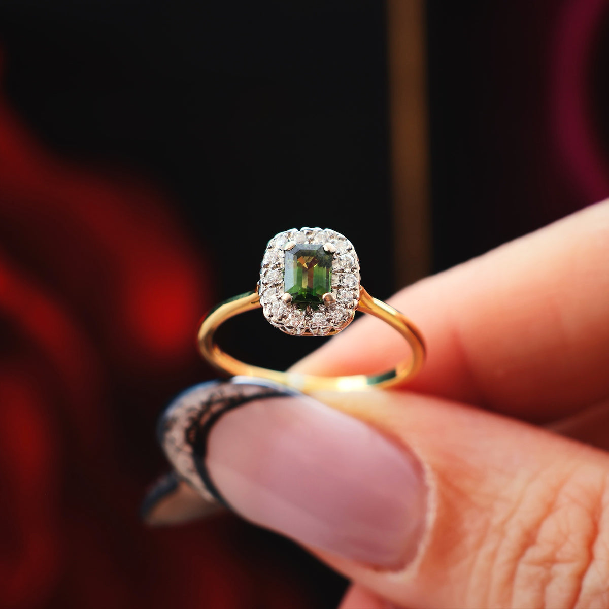 Vintage Date 1988 Green Sapphire & Diamond Engagement Ring