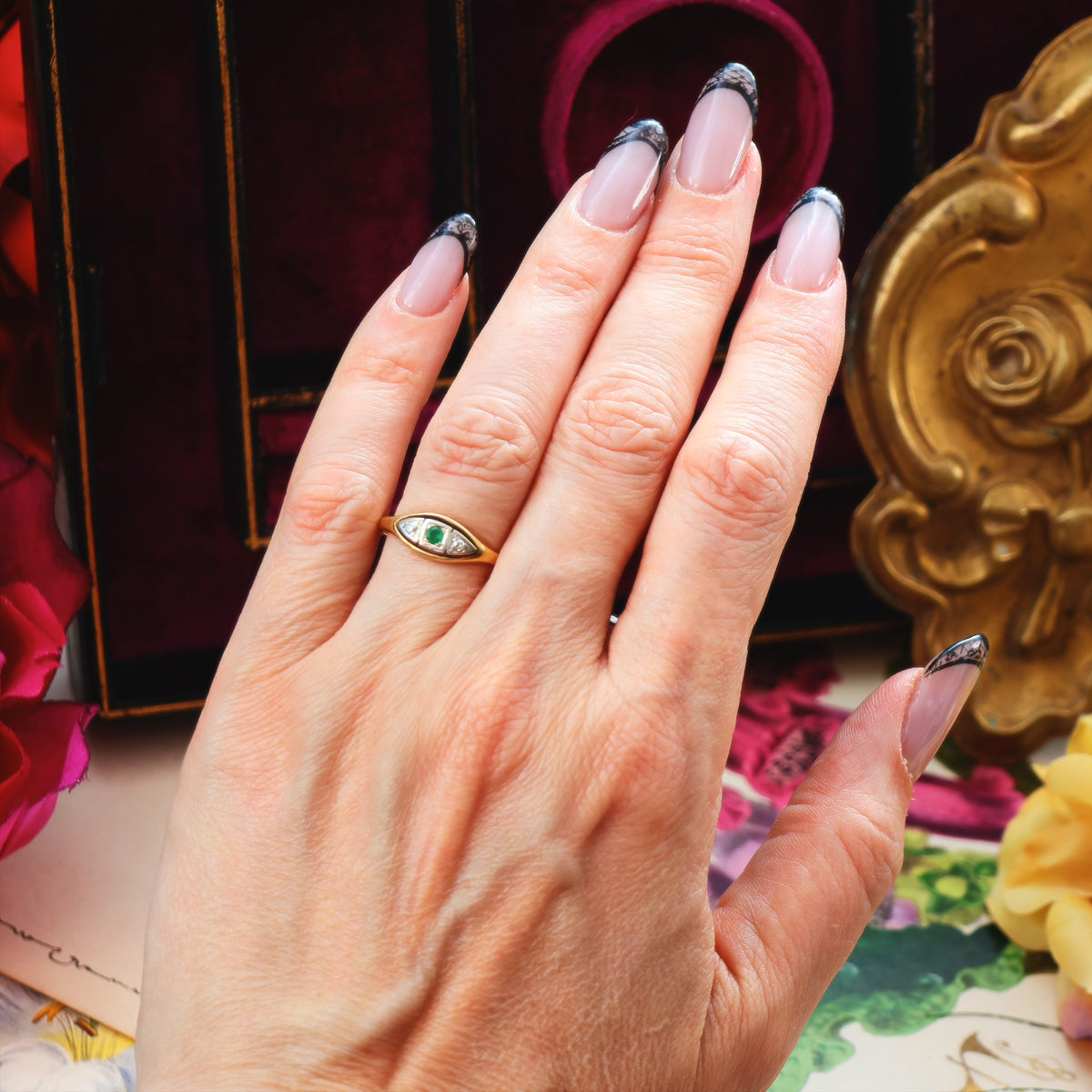 Sweet Sympathy! Circa 1920's Emerald & Diamond Ring