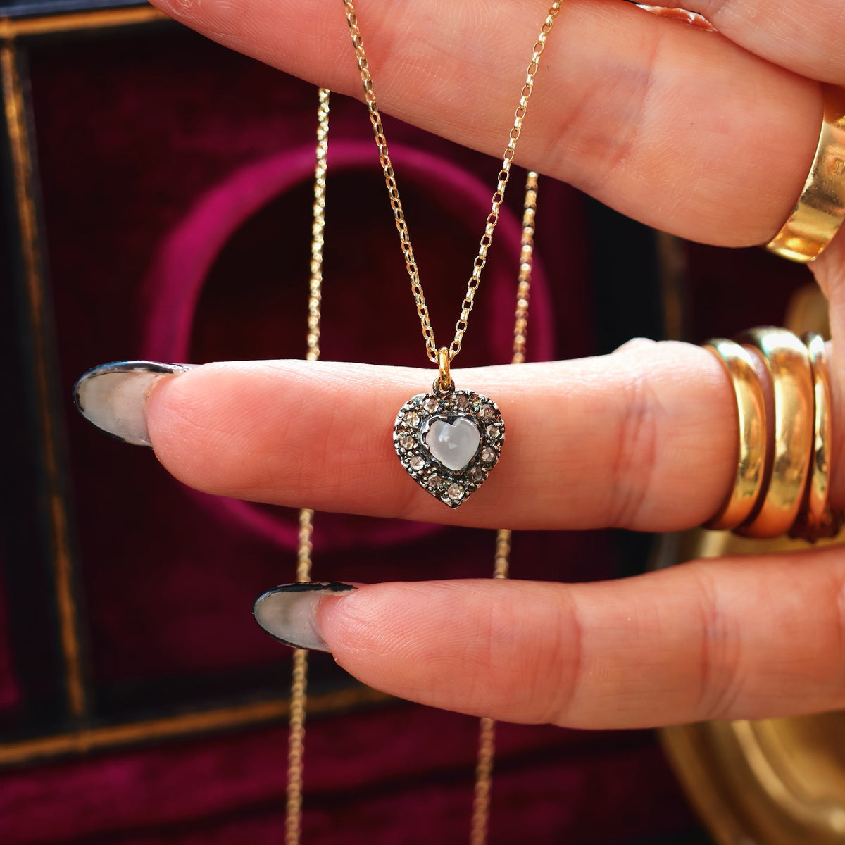 Antique Cat's Eye Moonstone & Diamond Heart Pendant