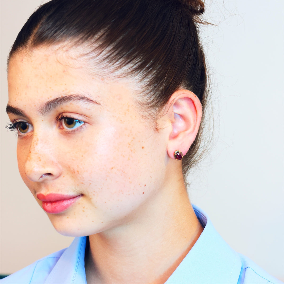 Modernist Styled Garnet Cabochon Stud Earrings