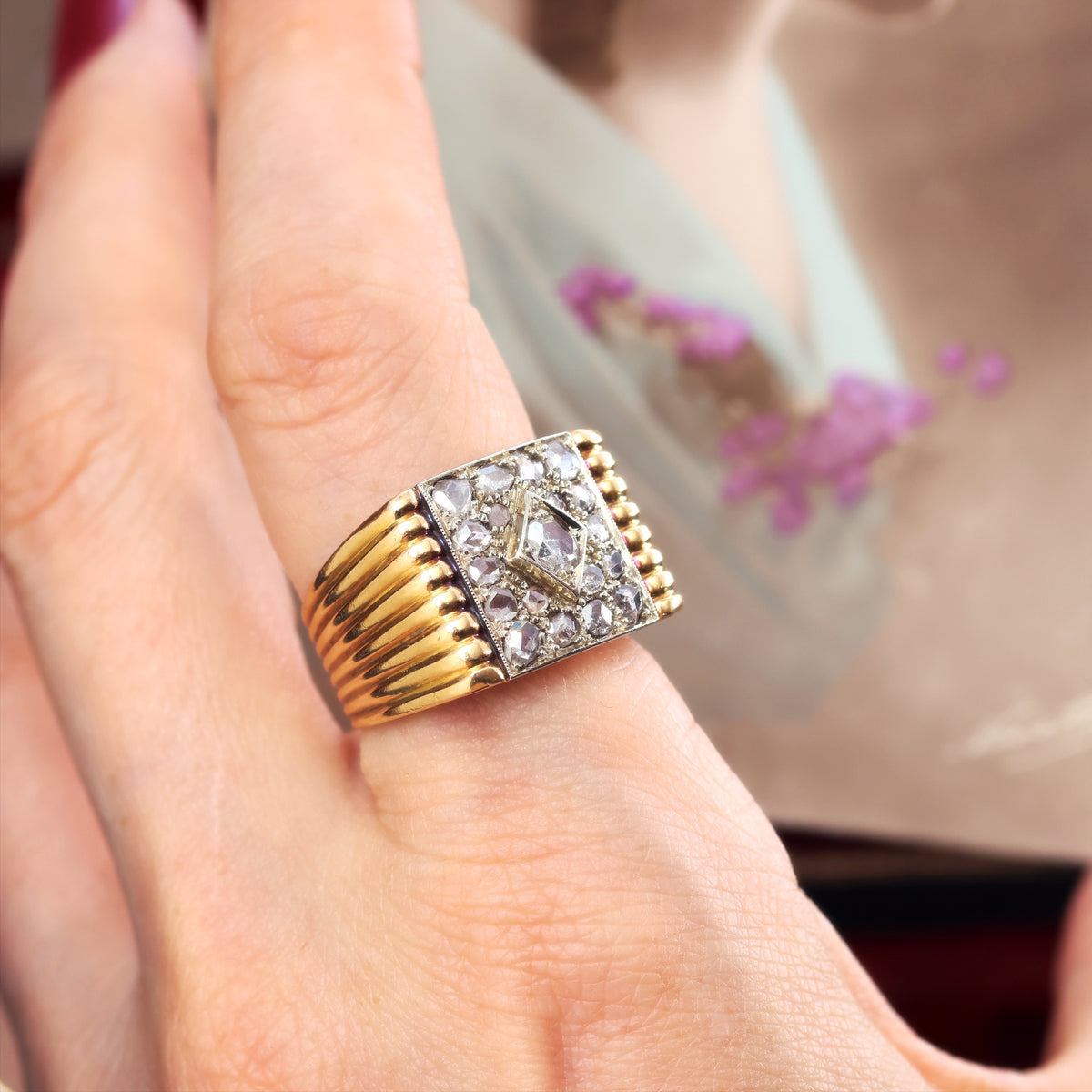 Dramatic! Unisex Art Deco Rose Cut Diamond ‘Tank’ Ring