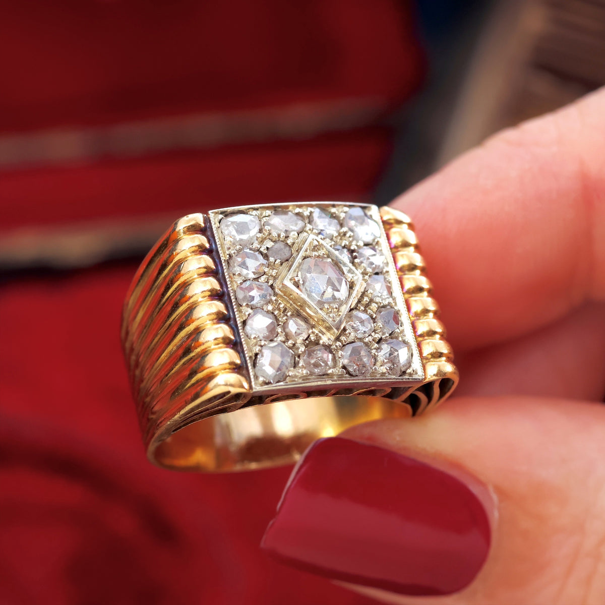 Dramatic! Unisex Art Deco Rose Cut Diamond ‘Tank’ Ring