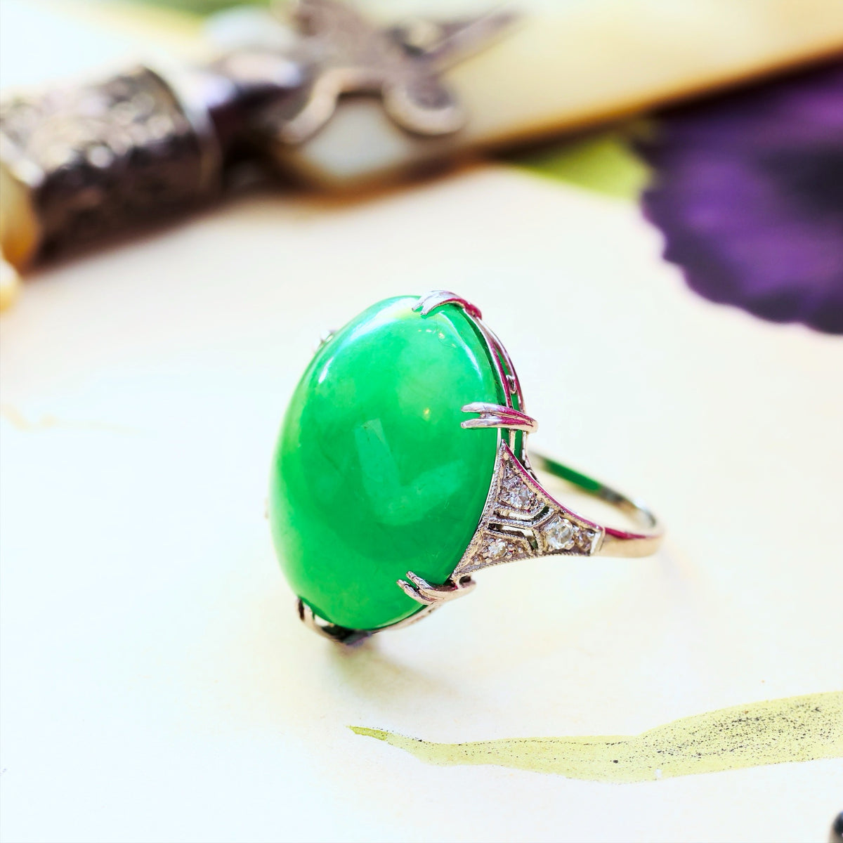 Vintage 1920's Art Deco Jade & Diamond Cocktail Ring