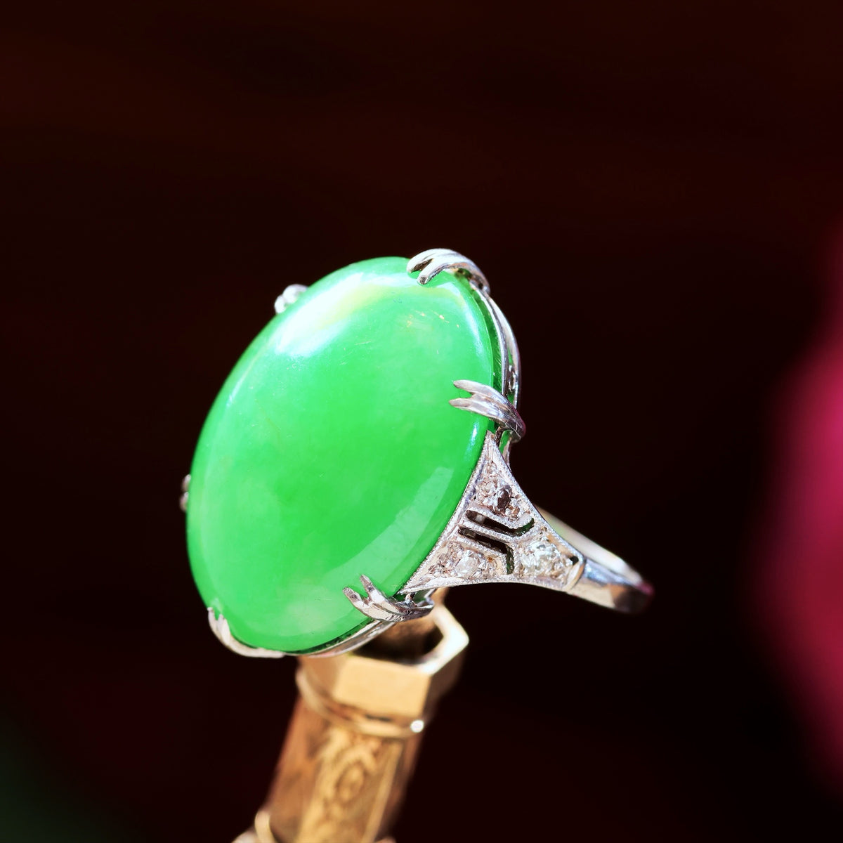 Vintage 1920's Art Deco Jade & Diamond Cocktail Ring