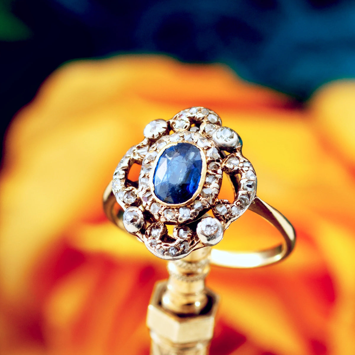 Fanciful Antique Sapphire & Diamond Cluster Ring