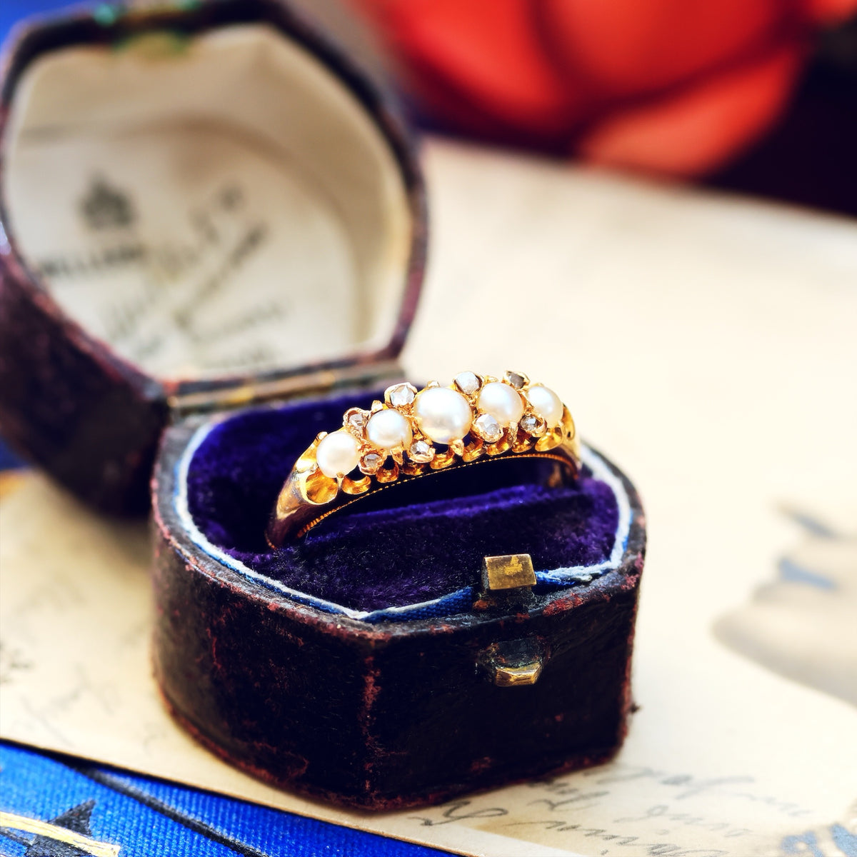 Date 1869 Gothic Revival Pearl & Rose Cut Diamond Ring