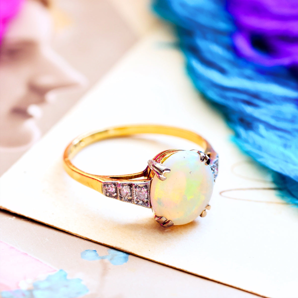 Vintage Crystal Opal & Diamond Ring