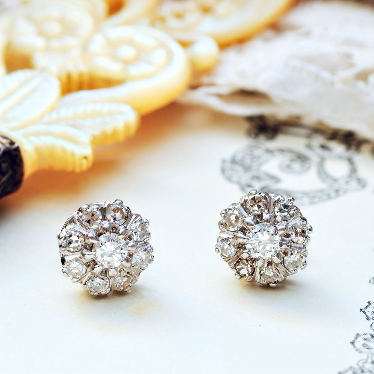 Vintage Floral Diamond Cluster Stud Earrings