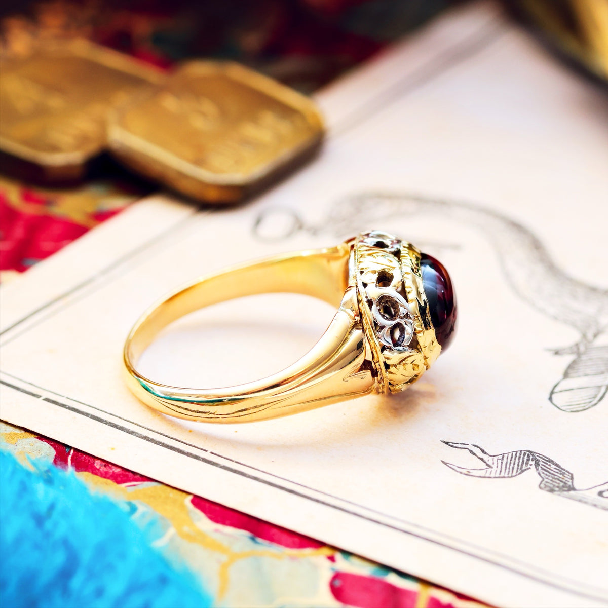 Antique Gothic Revival Cabochon Garnet Ring