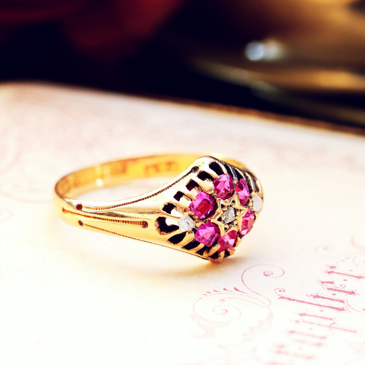 Victorian Date 1876 Pink Ruby & Diamond Dress Ring