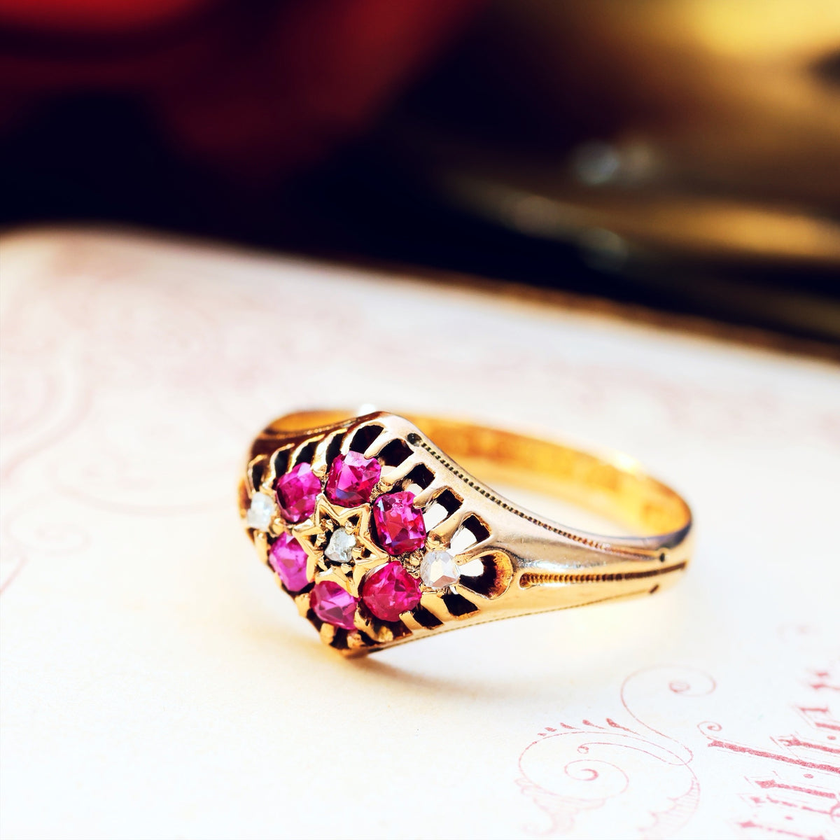 Victorian Date 1876 Pink Ruby & Diamond Dress Ring