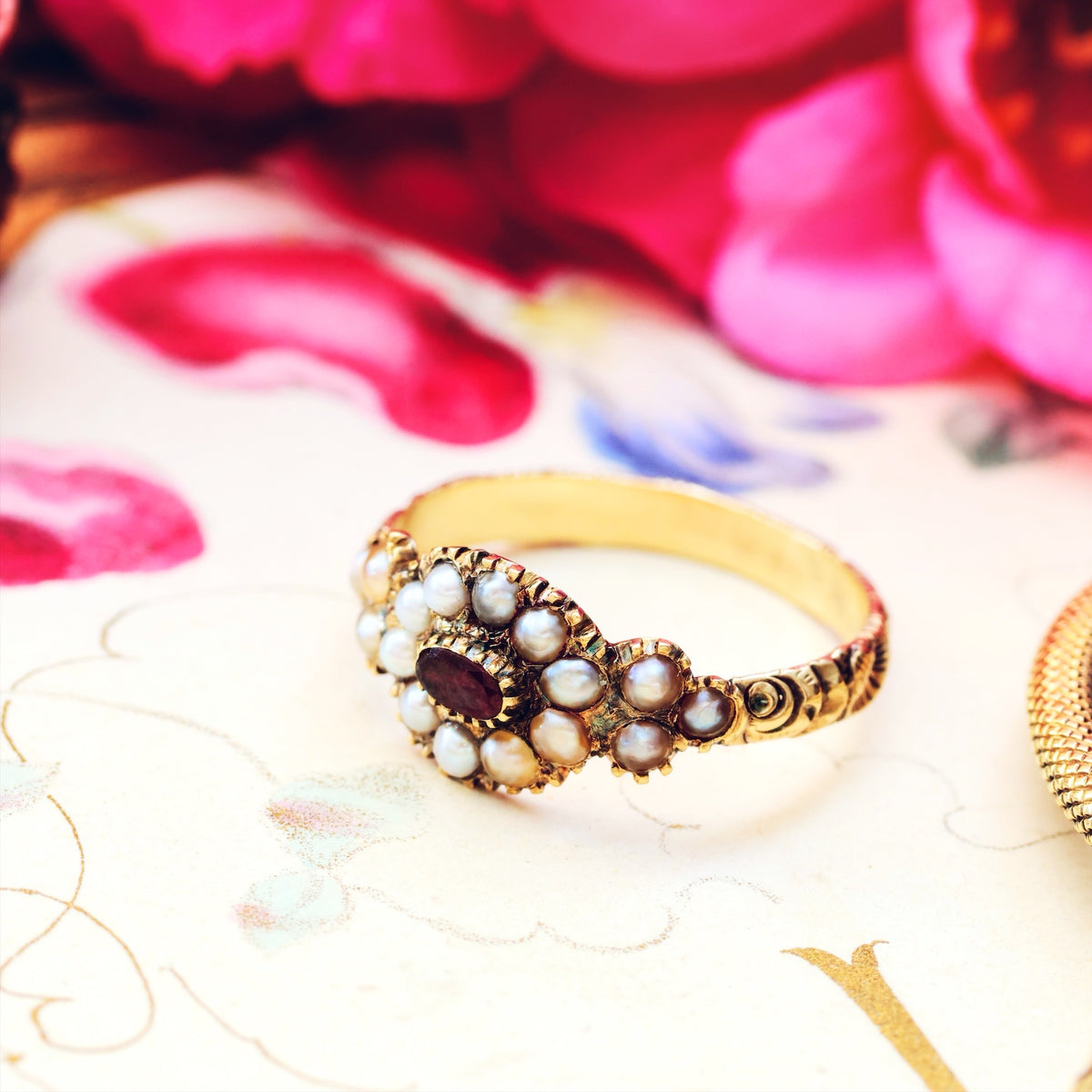 Scarce Antique Georgian Pearl & Garnet Flowerette Ring