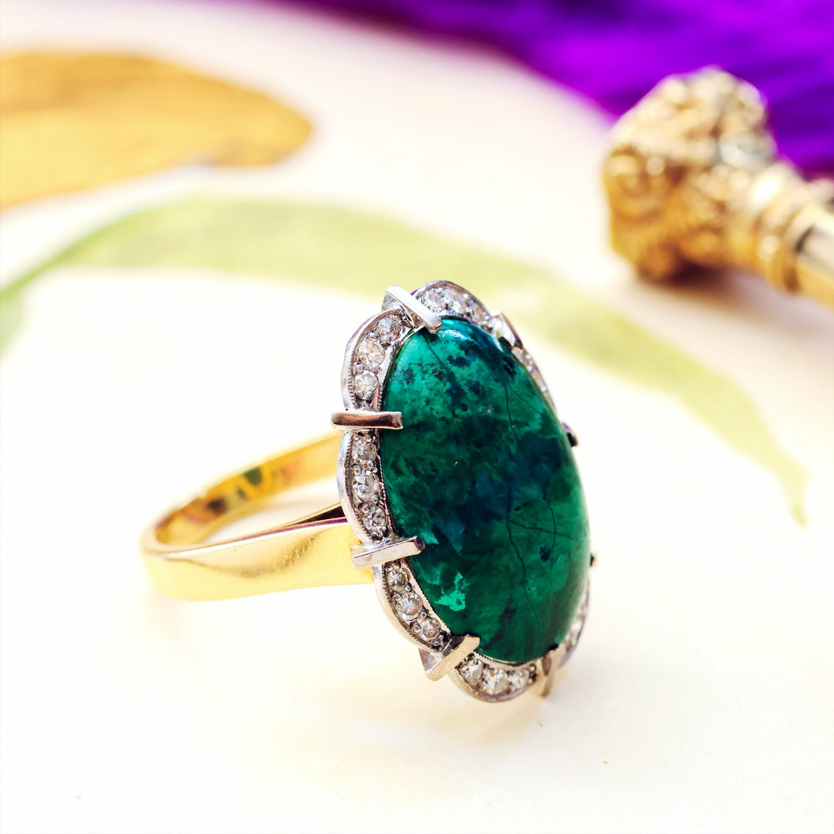 Dramatic Vintage 1970's Chrysocolla & Diamond Cocktail Ring
