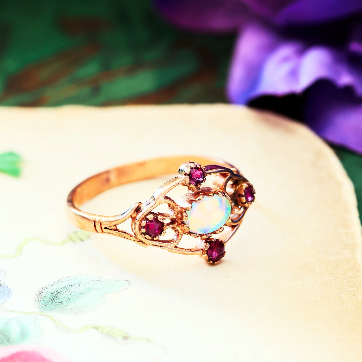 Vintage 9ct Rose Gold Opal & Ruby Ring