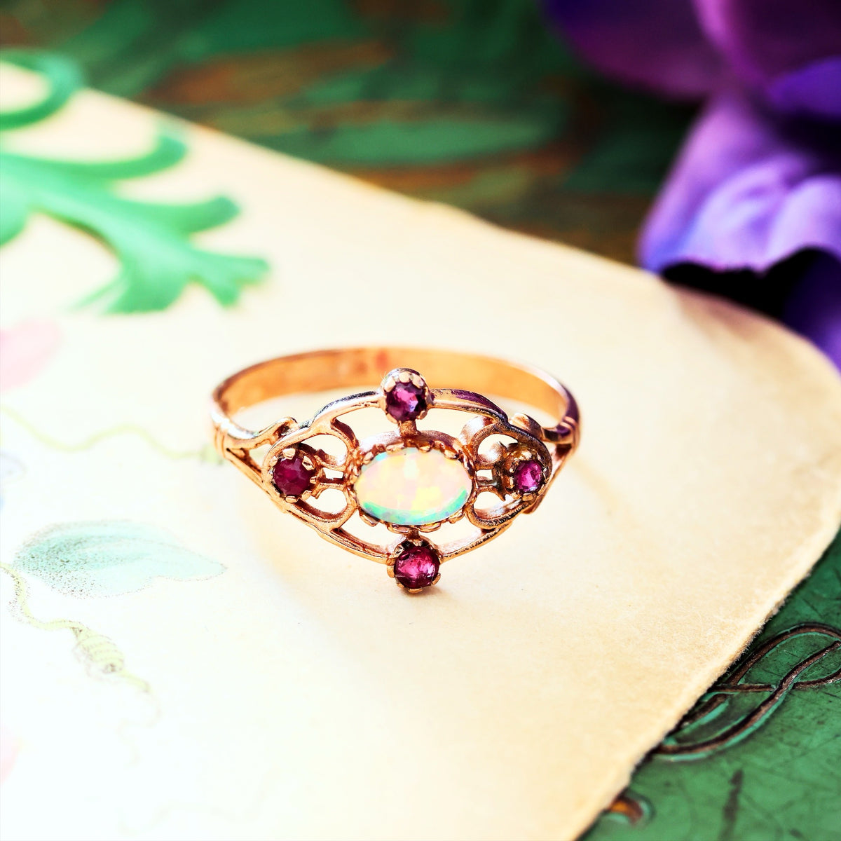 Vintage 9ct Rose Gold Opal & Ruby Ring