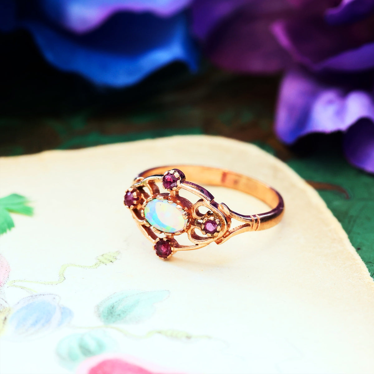 Vintage 9ct Rose Gold Opal & Ruby Ring