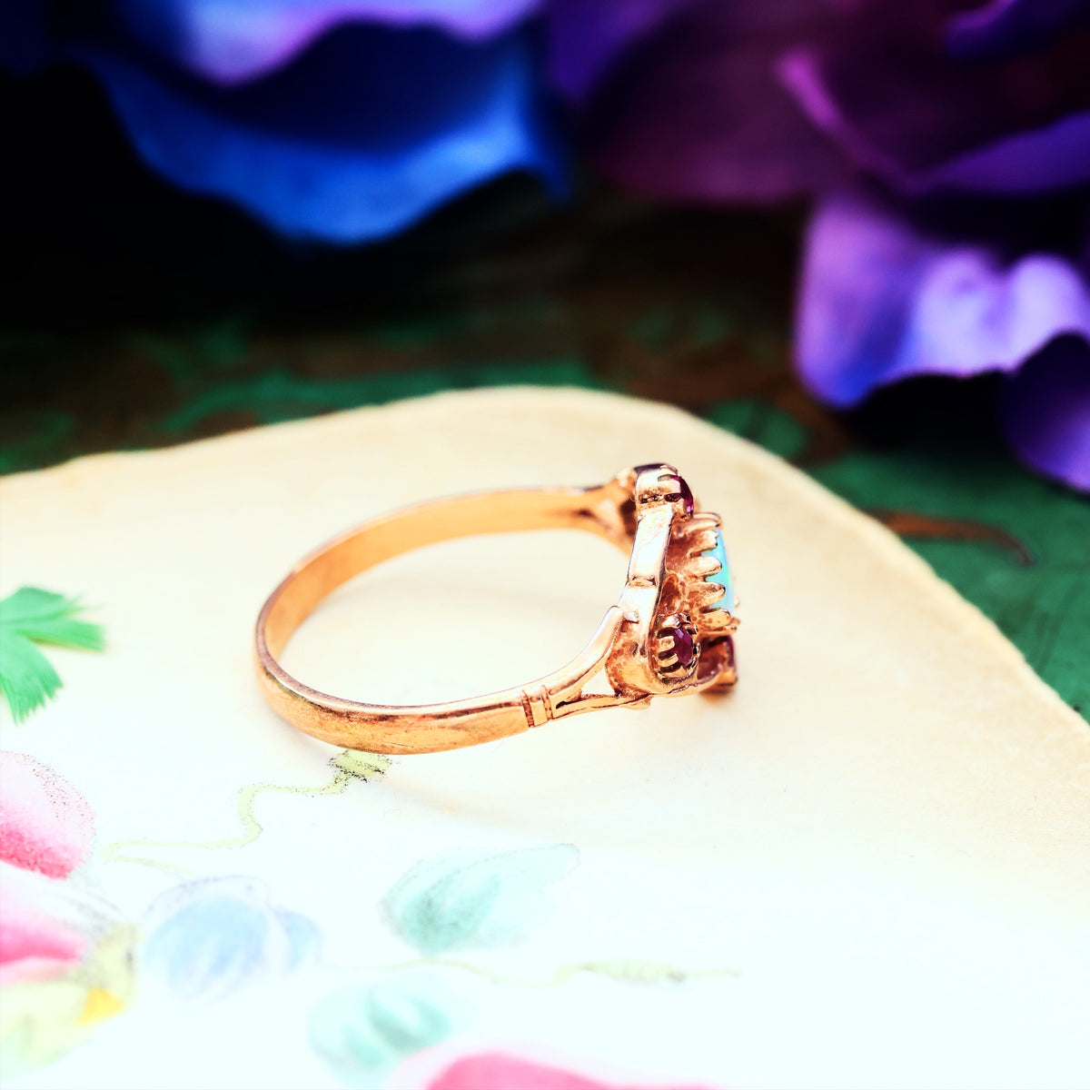 Vintage 9ct Rose Gold Opal & Ruby Ring