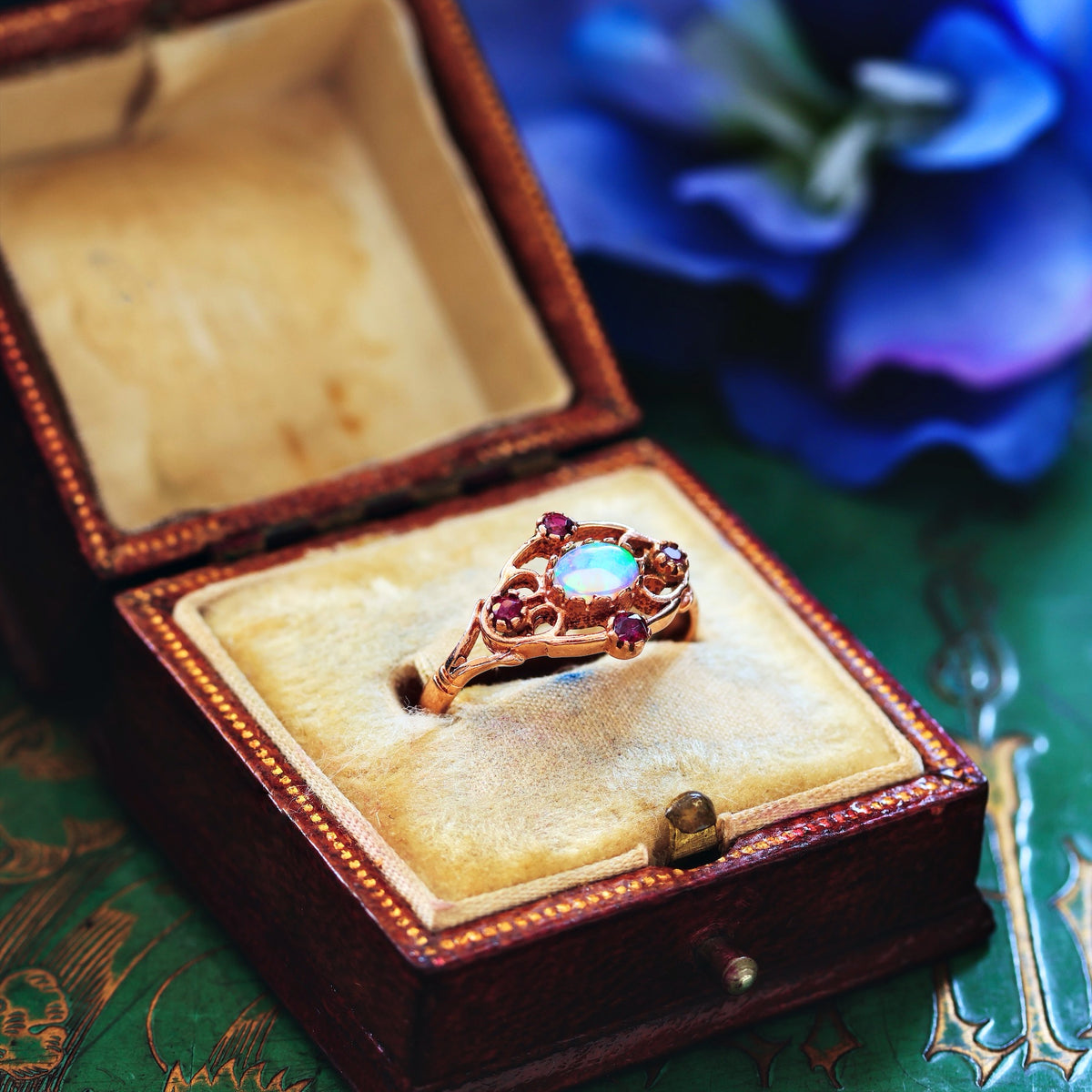 Vintage 9ct Rose Gold Opal & Ruby Ring