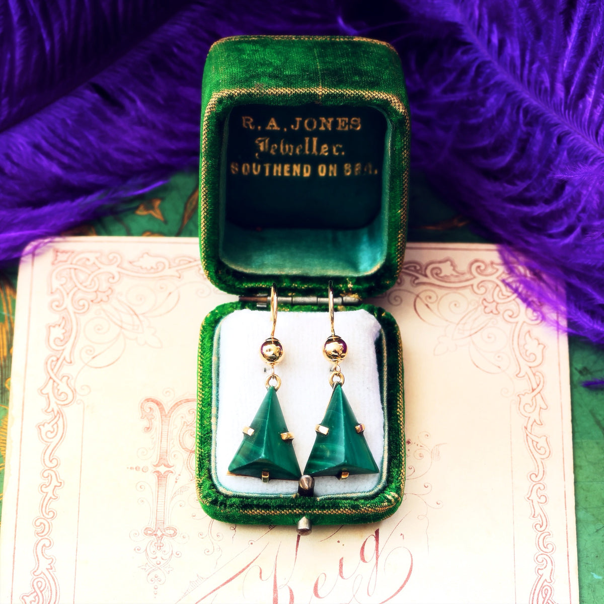 Marvellous Vintage Modernist 9ct Gold Malachite Earrings