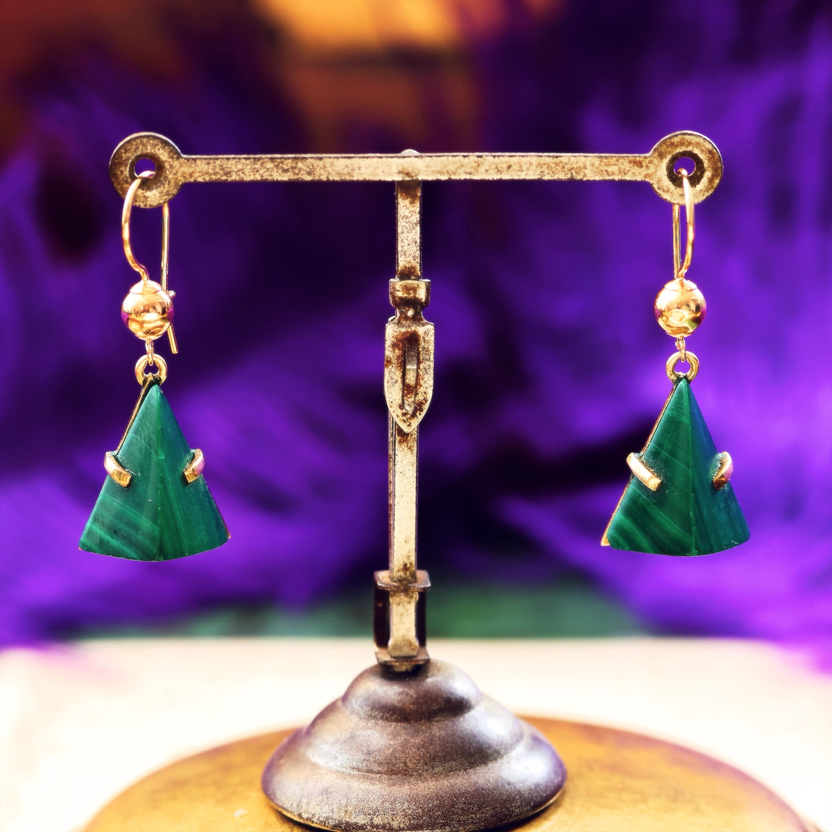 Vintage Modernist 9ct Gold Malachite Earrings
