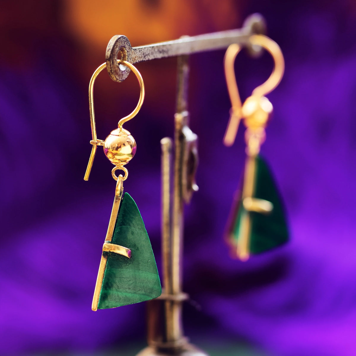 Marvellous Vintage Modernist 9ct Gold Malachite Earrings