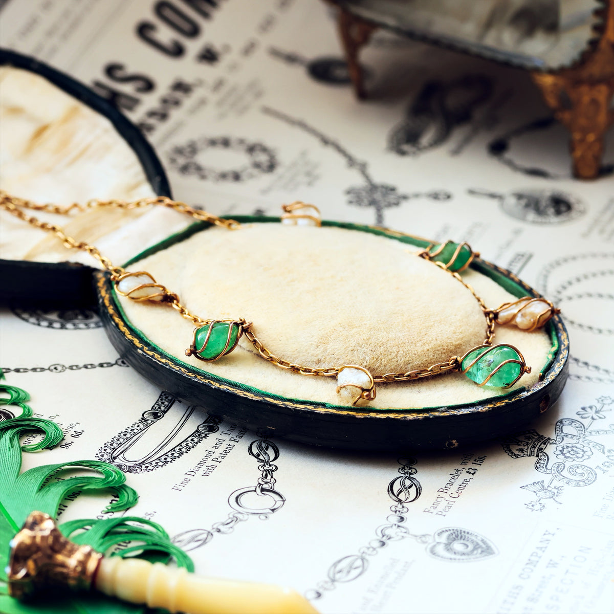 Antique Arts & Crafts Emerald & Wild Pearl Necklace