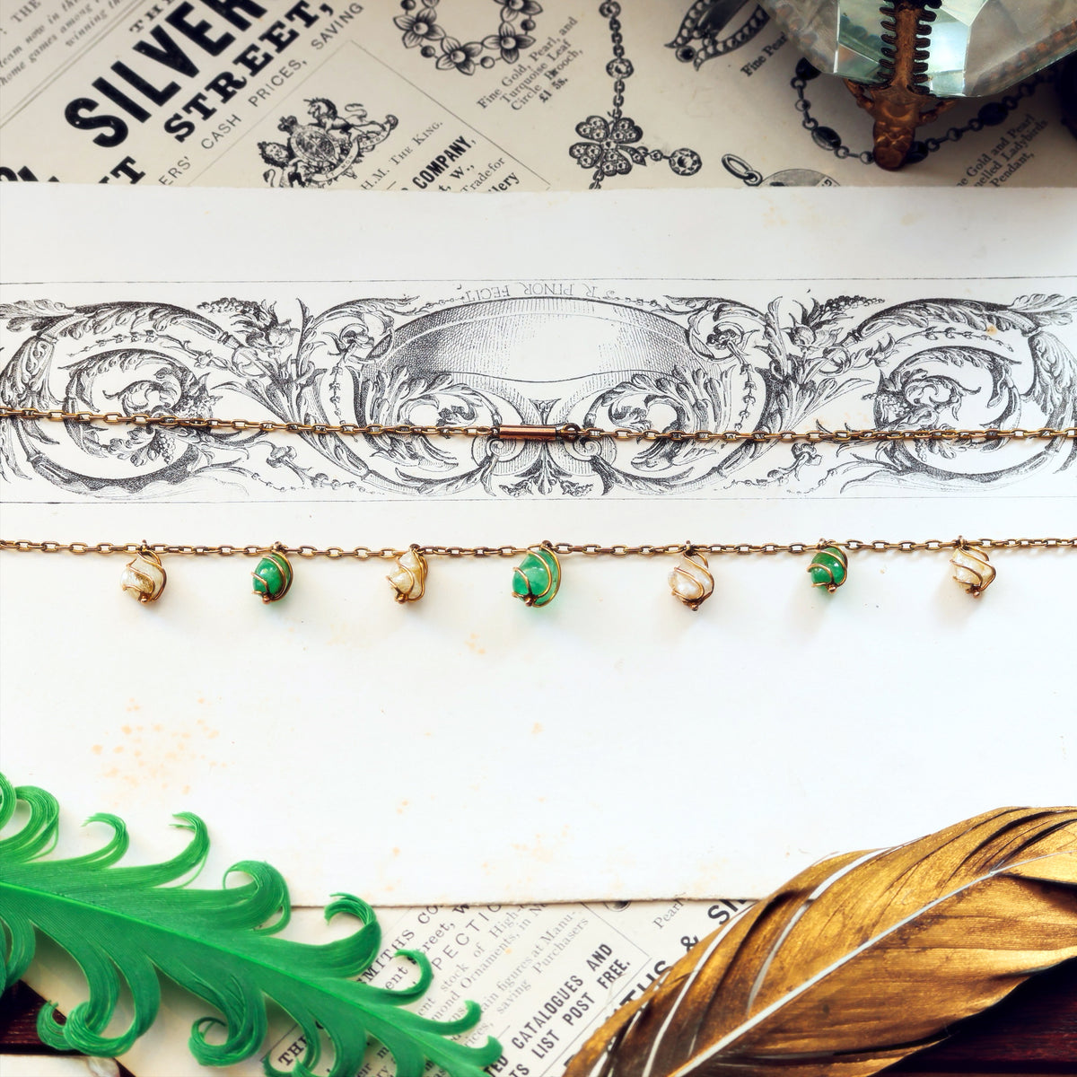 Antique Arts & Crafts Emerald & Wild Pearl Necklace