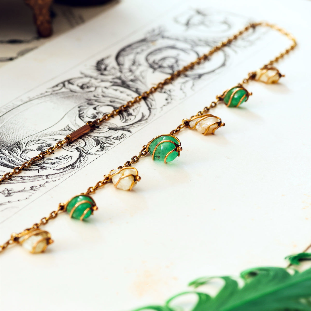 Antique Arts & Crafts Emerald & Wild Pearl Necklace