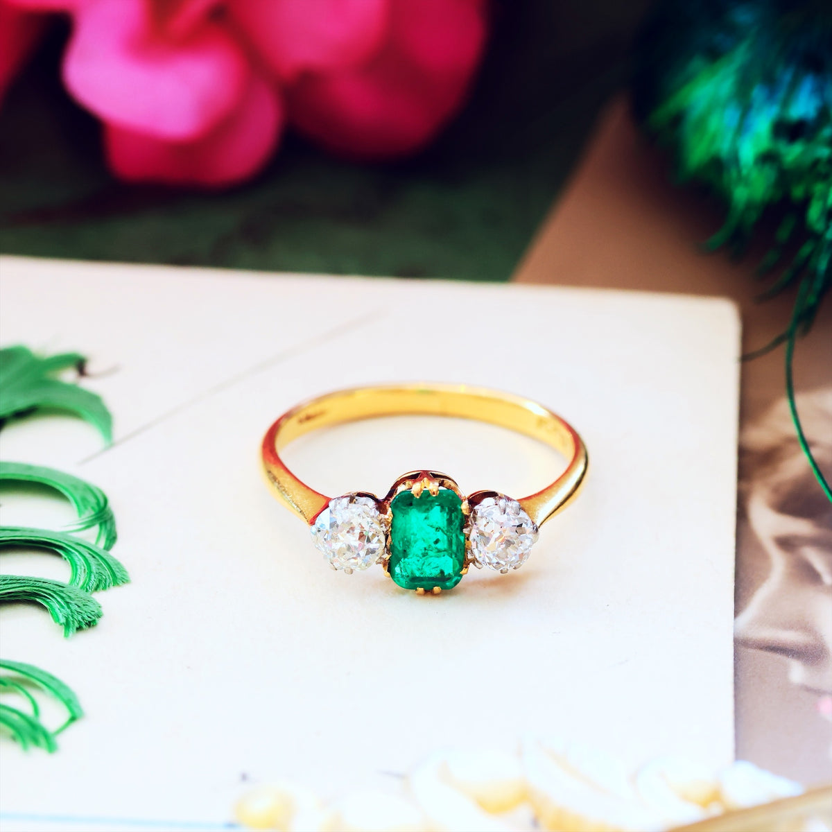 Antique Emerald & Diamond Trilogy Engagement Ring