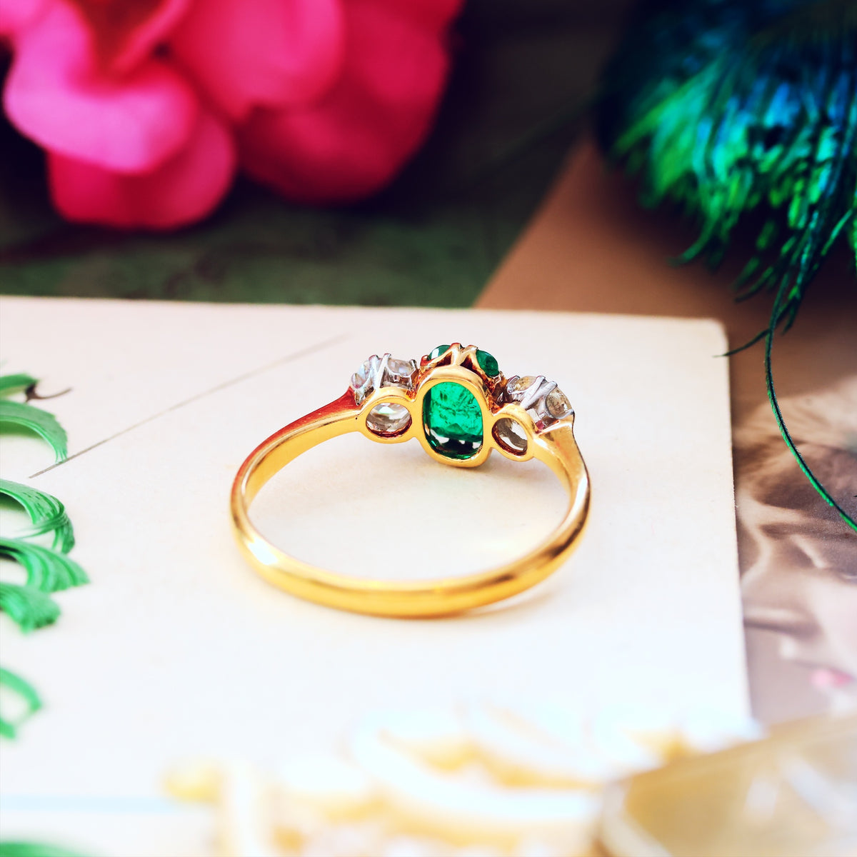 Antique Emerald & Diamond Trilogy Engagement Ring